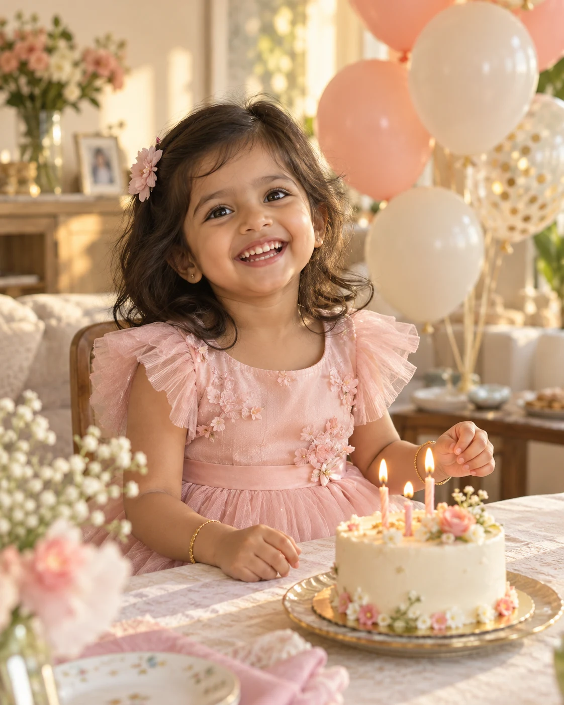 A happy child celebrating with a birthday cake and pastel balloons