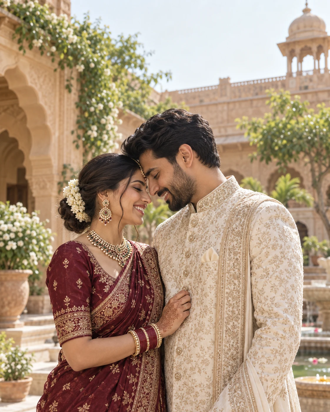 An Indian wedding couple sharing a quiet moment in a sunlit courtyard